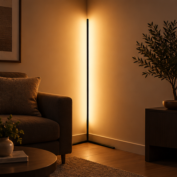 Black corner floor lamp glowing warm amber in a living room beside a brown sofa, a plant and a side table. 1