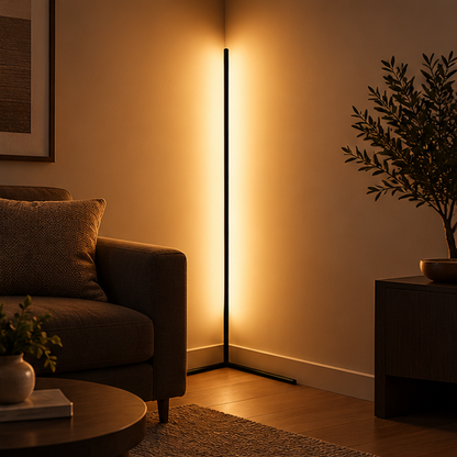 Black corner floor lamp glowing warm amber in a living room beside a brown sofa, a plant and a side table. 1