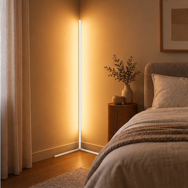 White corner floor lamp glowing in a bedroom corner next to a bed, a wooden bedside table, vase and curtains. 4
