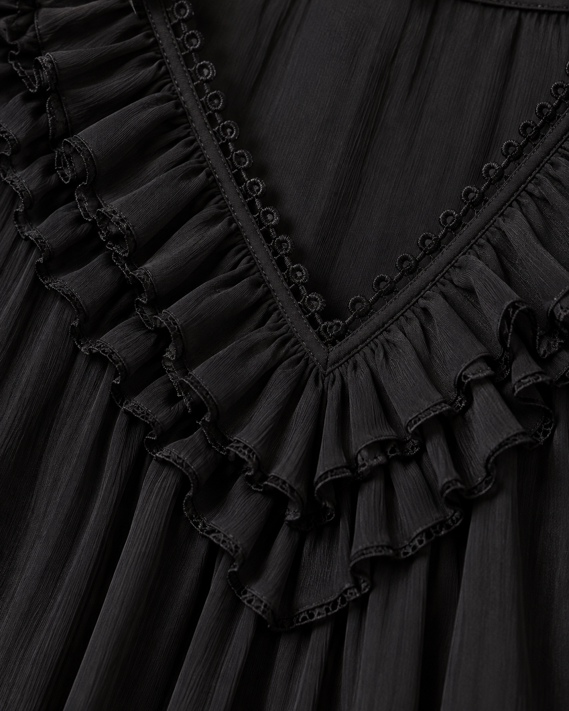 Close-up detail of the black V-neckline with layered ruffles, looped trim and the fine crinkled fabric. 5