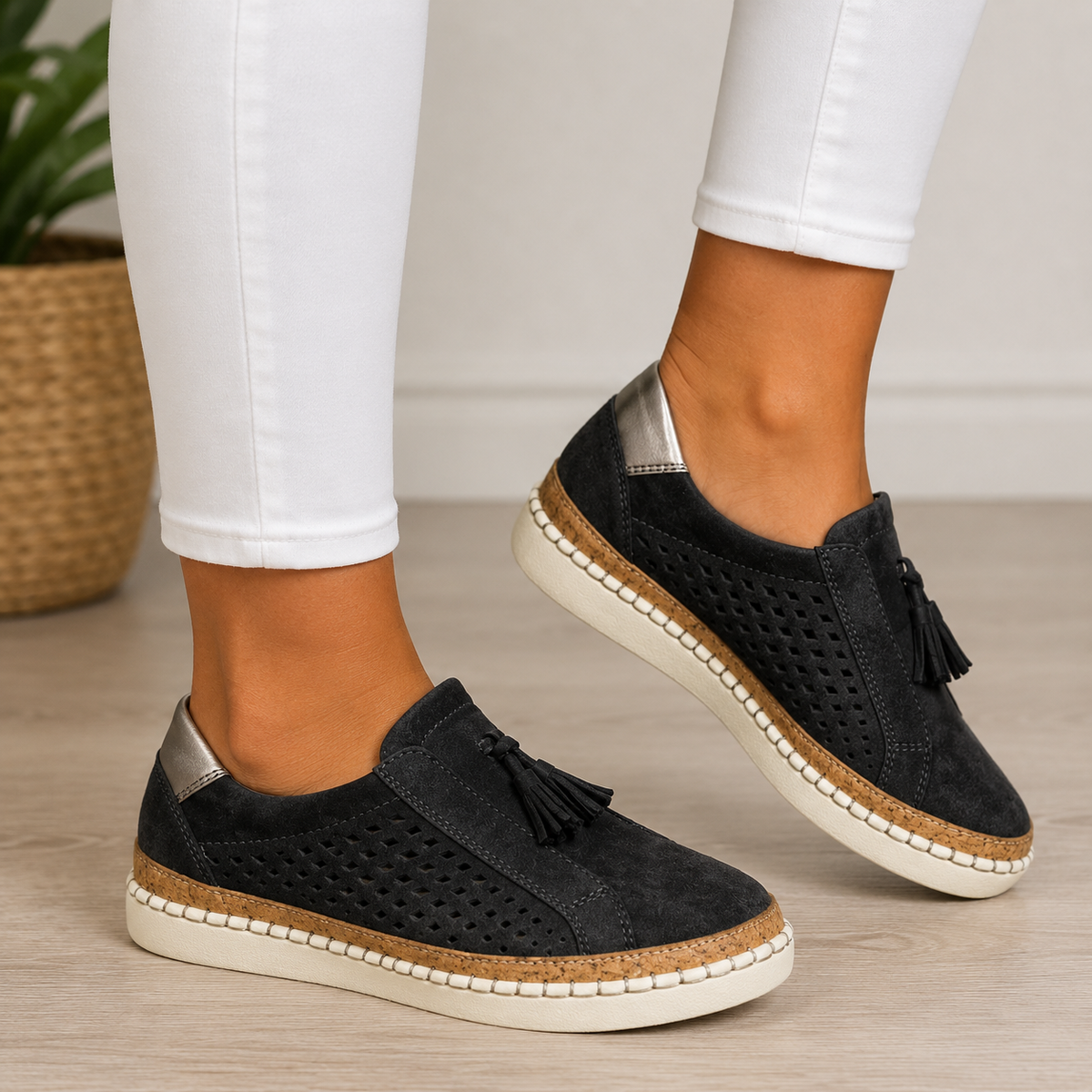 Black suede slip-on loafers with tassels and perforated sides, worn by a model in white trousers 2