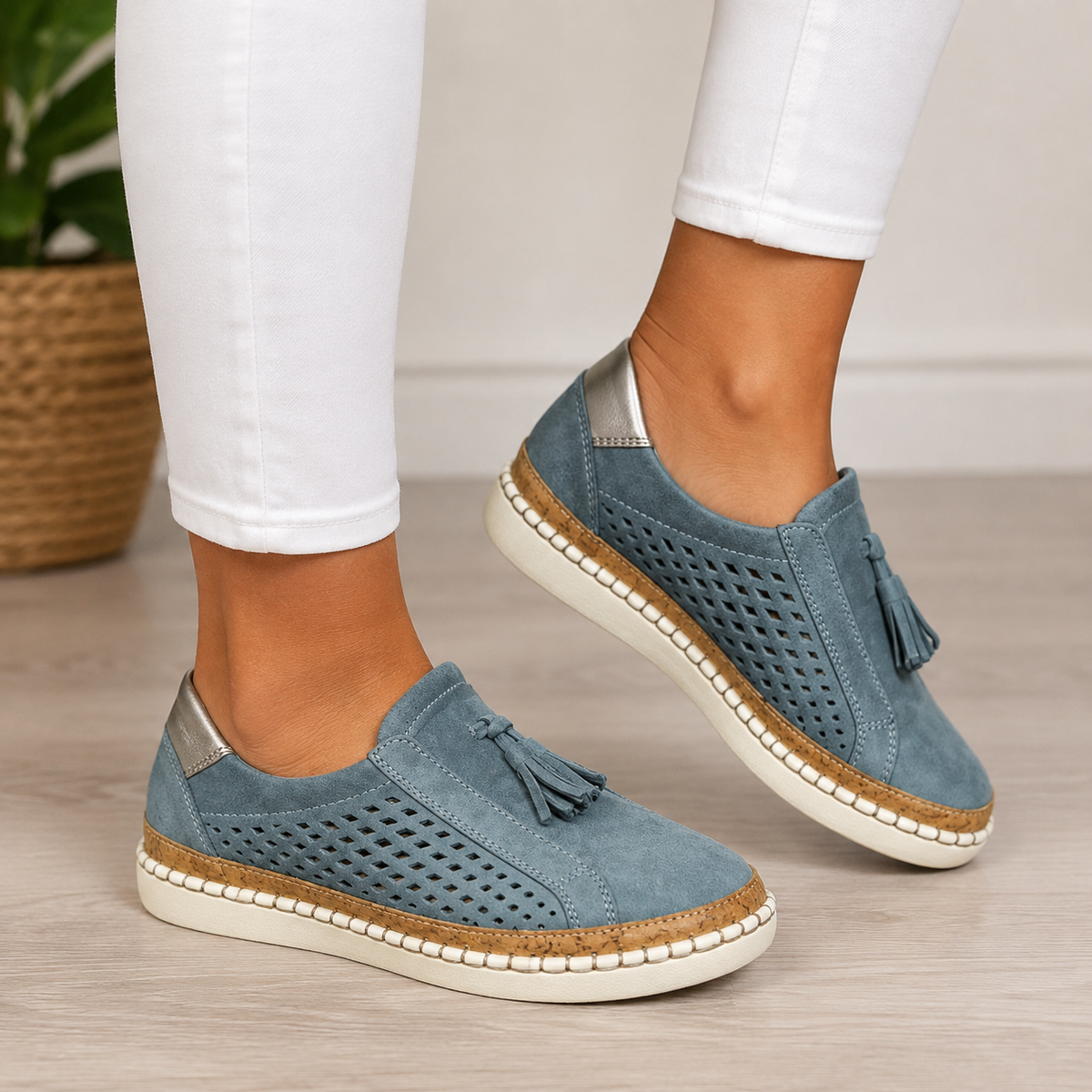 Blue suede slip-on loafers with tassels and diamond perforations, worn with white cropped jeans 3