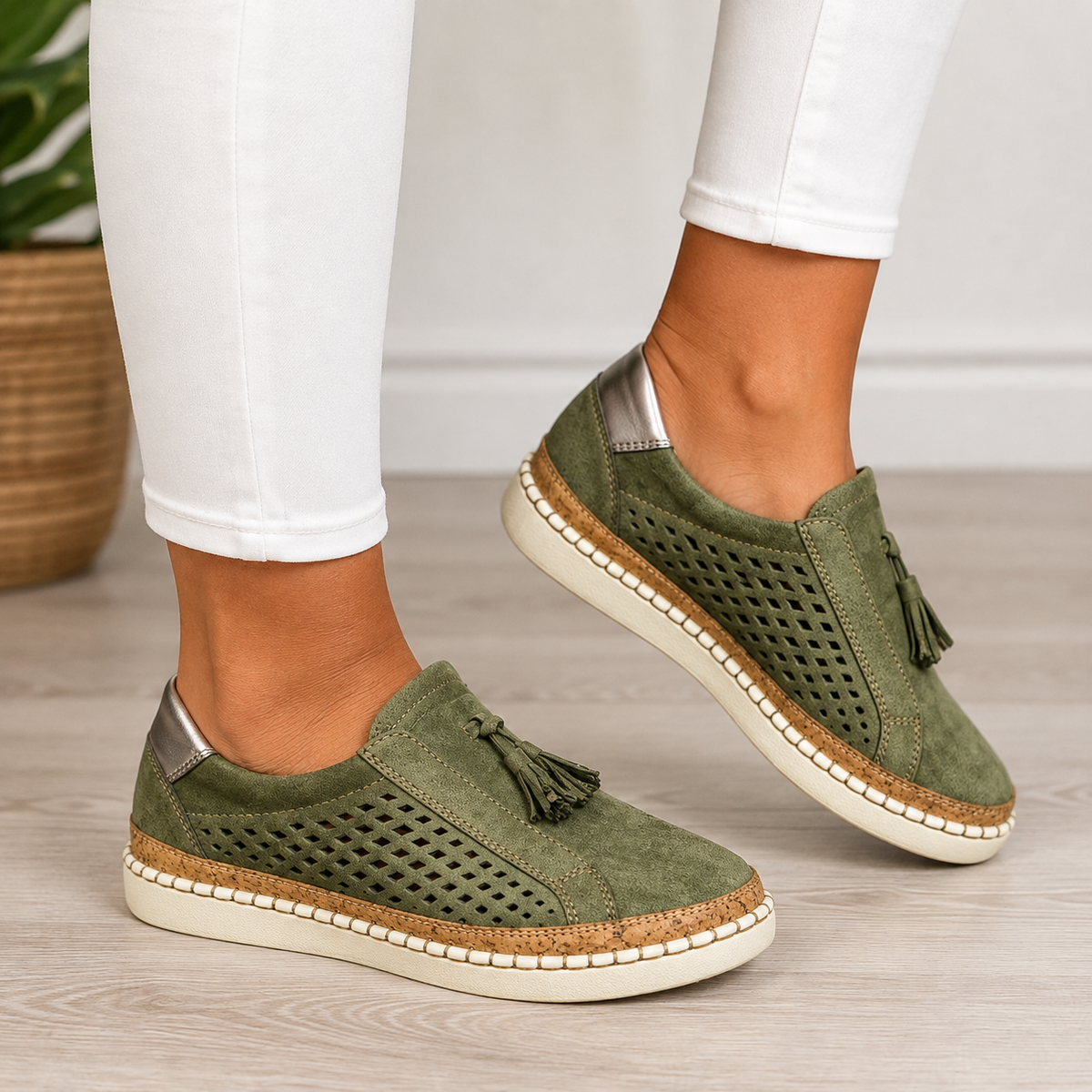 Olive green suede slip-on loafers with tassels and diamond cut-outs, worn with white ankle-length trousers 5
