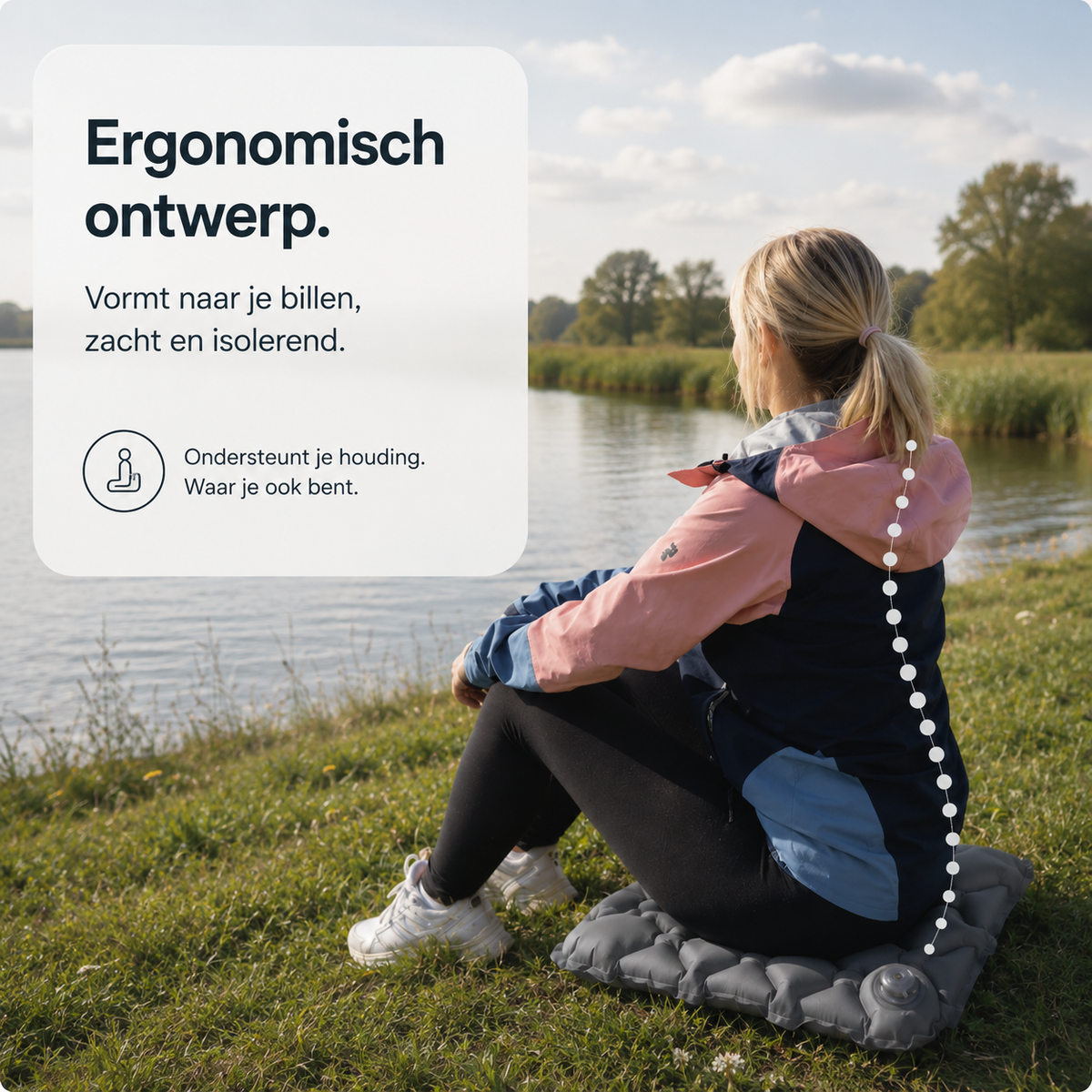 Woman in a pink and navy jacket sitting on a grey inflatable cushion on grass beside a lake, with a dotted line tracing her spine. 6