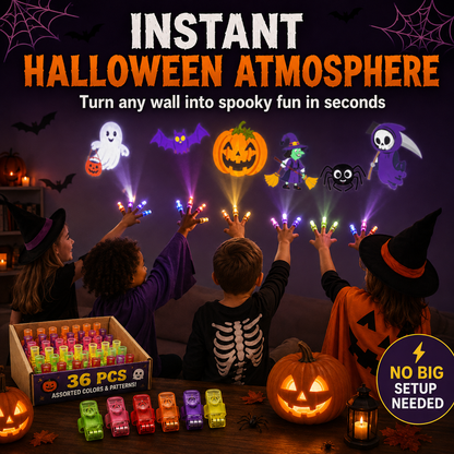 Four children in costumes point finger lights at a wall, projecting ghosts, a pumpkin and a witch, with the box in front 12