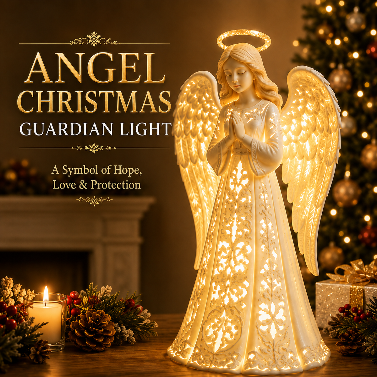 Glowing cream angel figure with halo and cut-out wings beside a candle and fir tree 1