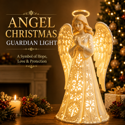 Glowing cream angel figure with halo and cut-out wings beside a candle and fir tree 1