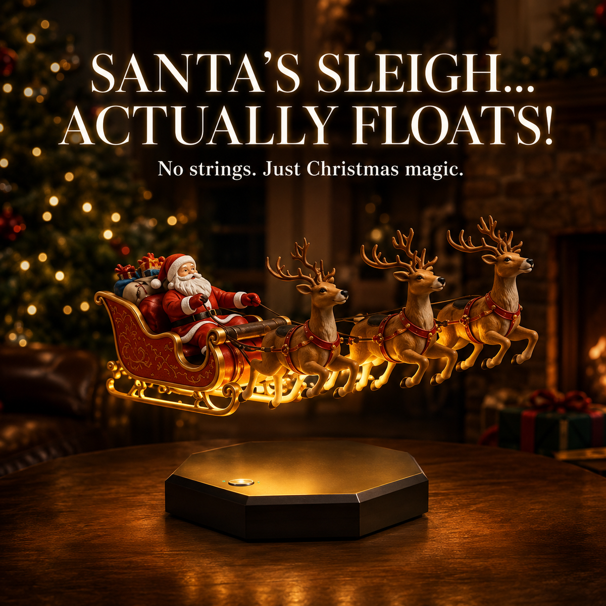 Santa's sleigh and reindeer hovering above a dark octagonal base on a table before a Christmas tree 1
