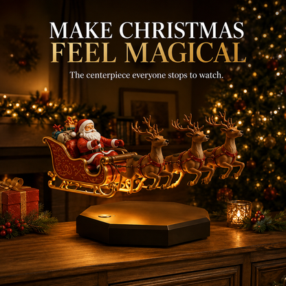 Floating sleigh and reindeer on a sideboard with a garland, red gift and candle beside it 2