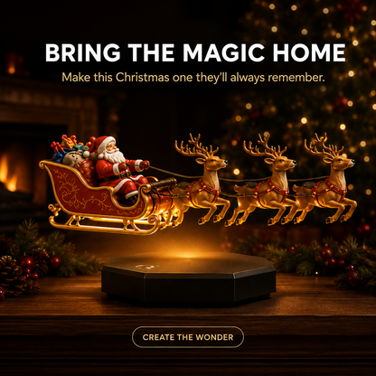 Sleigh and reindeer floating above the base beside a fireplace, with a button at the bottom 6