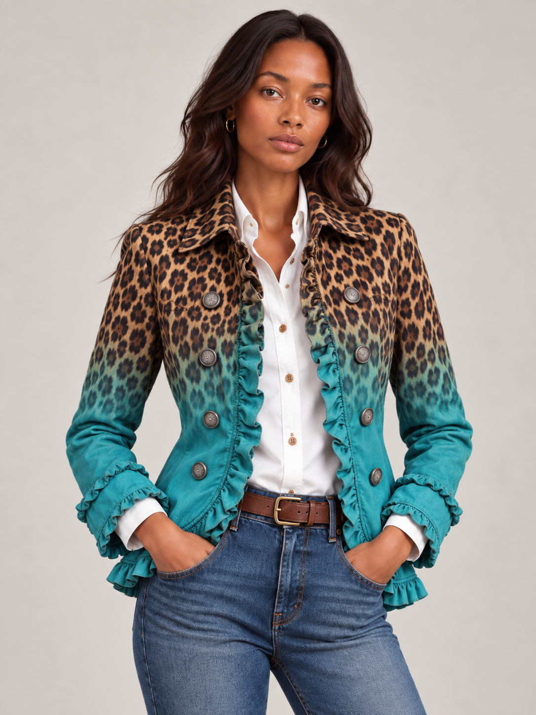 Close front view of the leopard-print blazer fading to teal, worn open over a white shirt with hands in jeans pockets. 1