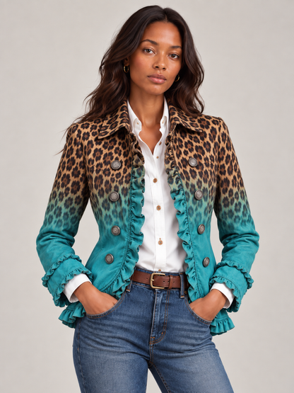 Close front view of the leopard-print blazer fading to teal, worn open over a white shirt with hands in jeans pockets. 1