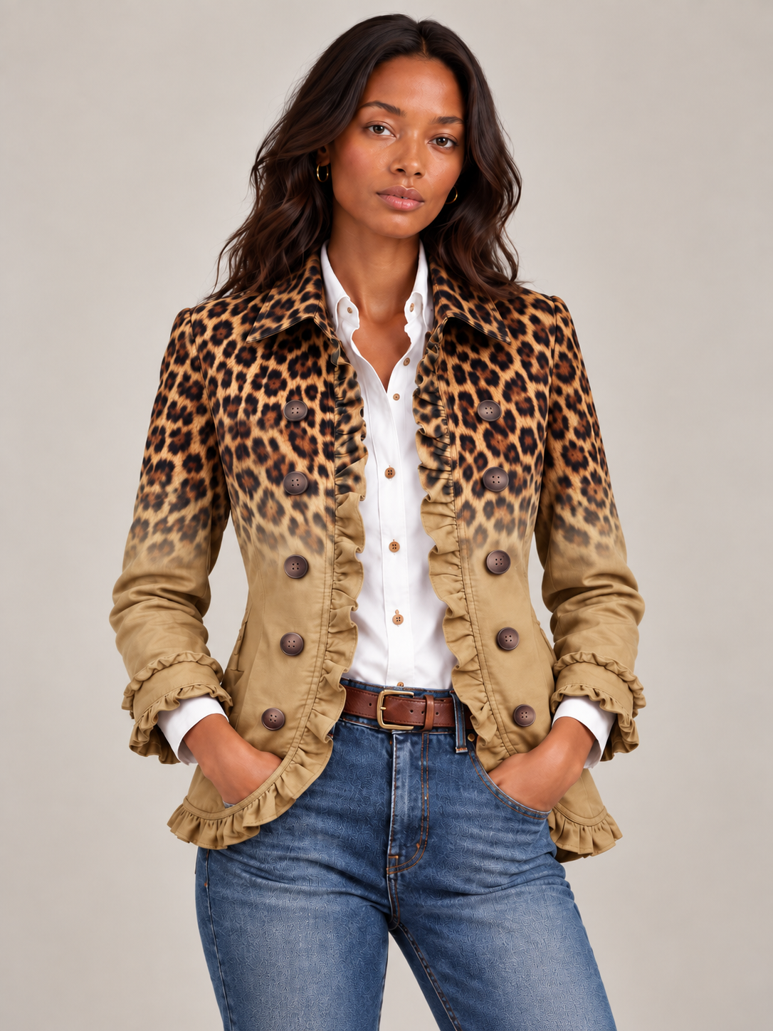 Close front view of the camel-toned leopard blazer, with ruffled front edges and buttons, worn over a white shirt. 8