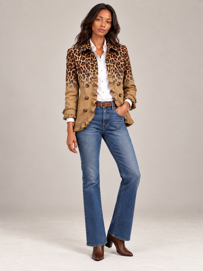 Full-length front view of the camel leopard blazer styled with flared jeans, a brown belt and ankle boots. 9