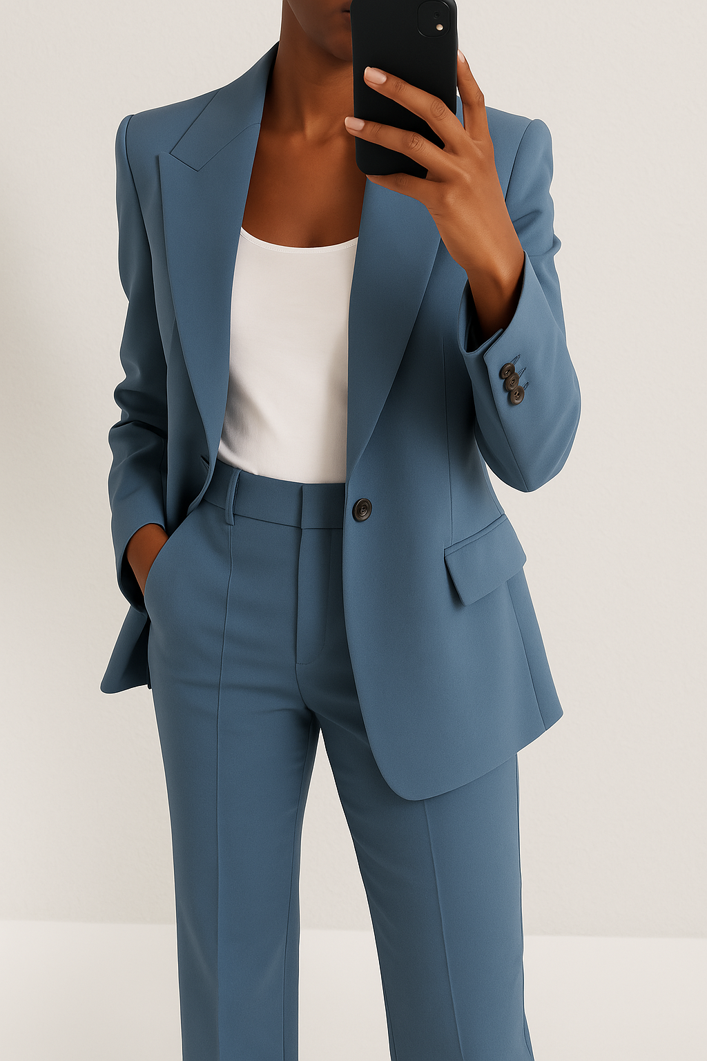 Close-up of the steel blue blazer's peak lapel, single button and cuff buttons, worn with a white top 1