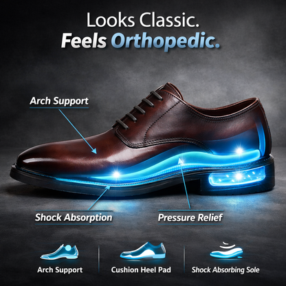 Burgundy shoe side view with glowing blue cutaway highlighting arch support, heel cushioning and a shock-absorbing sole 5