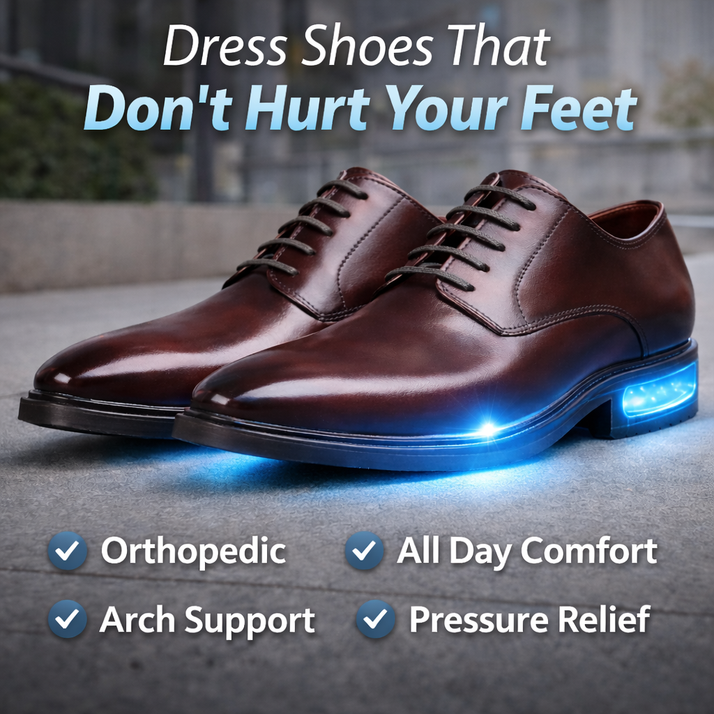 Pair of burgundy leather shoes on pavement with a glowing blue sole and comfort feature graphics 7