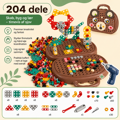 Infographic on a cream background showing the brown bear case, drill, built models and a grid of the included parts with quantities. 4