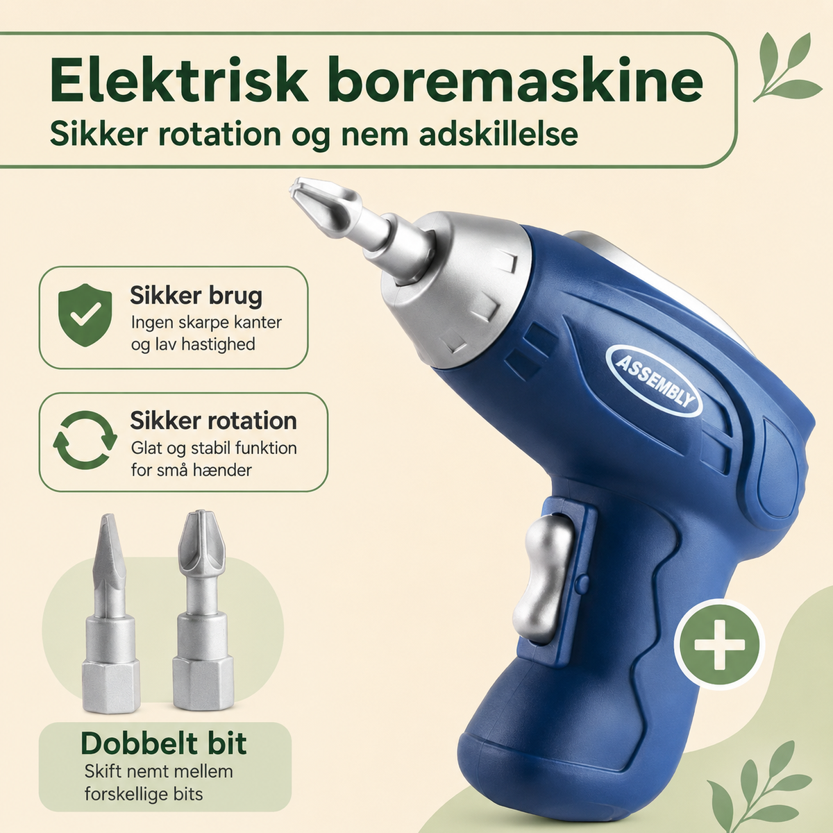 Close-up of the blue toy electric drill with two interchangeable bits, shown with short notes on safe use for small hands. 7