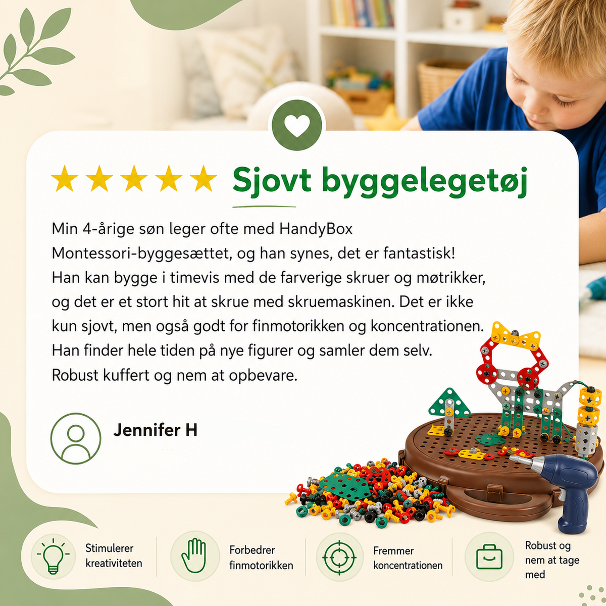 Customer review graphic with five stars beside a boy playing, plus the brown case, drill, bolts and a finished model. 8