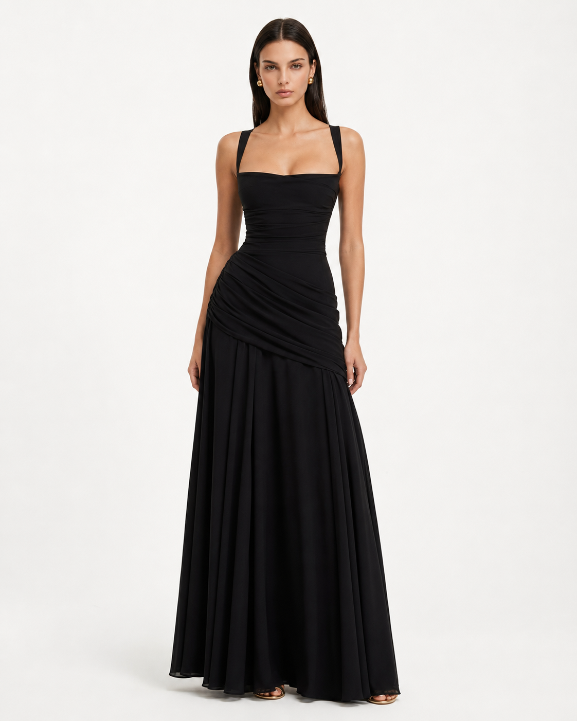 Women's Maxi Dress with Square Neckline and Side Draping 17