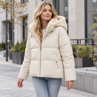 Woman wearing the jacket in cream, unzipped to show the soft fleece lining of the hood and collar. 3