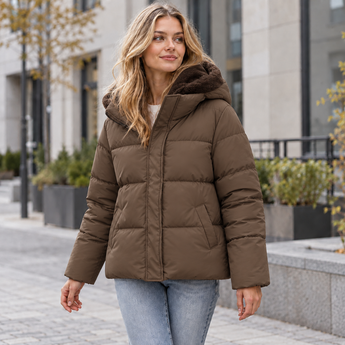 Same woman wearing the jacket in brown, zipped up with a concealed placket and a textured fleece hood lining. 2