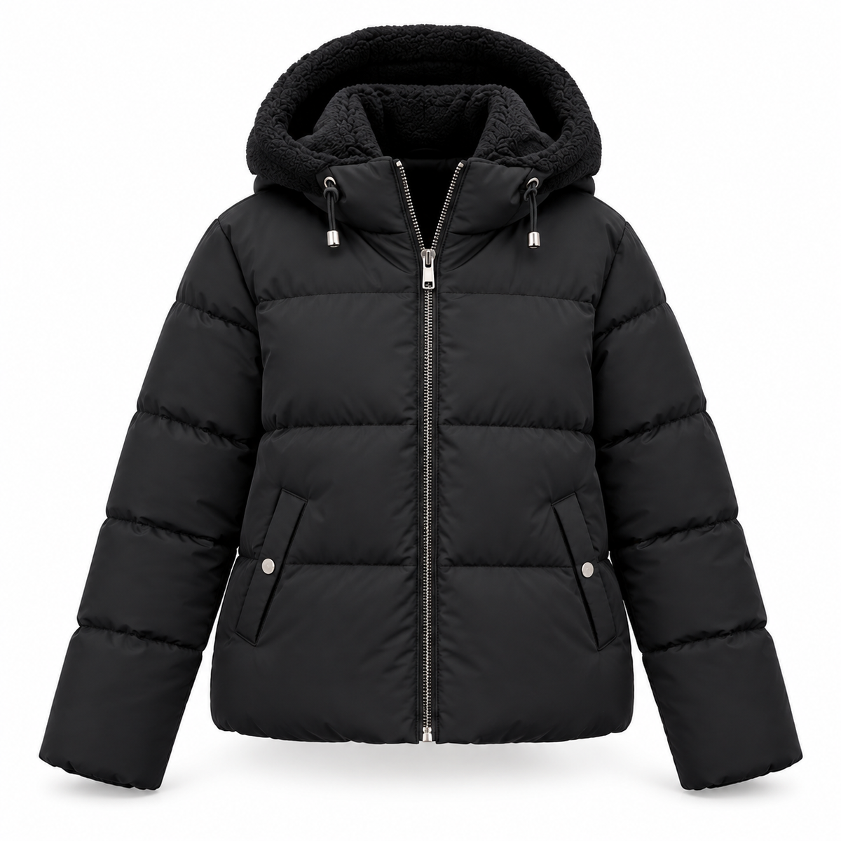 Front view of the black quilted jacket on a plain white background, showing the zip, drawcords and side pockets. 4