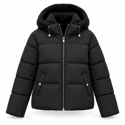 Front view of the black quilted jacket on a plain white background, showing the zip, drawcords and side pockets. 4