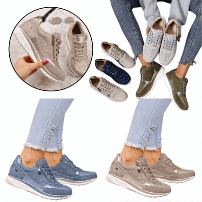 Collage showing the trainers in beige, navy, grey, olive, blue and taupe, worn and held in hand 7