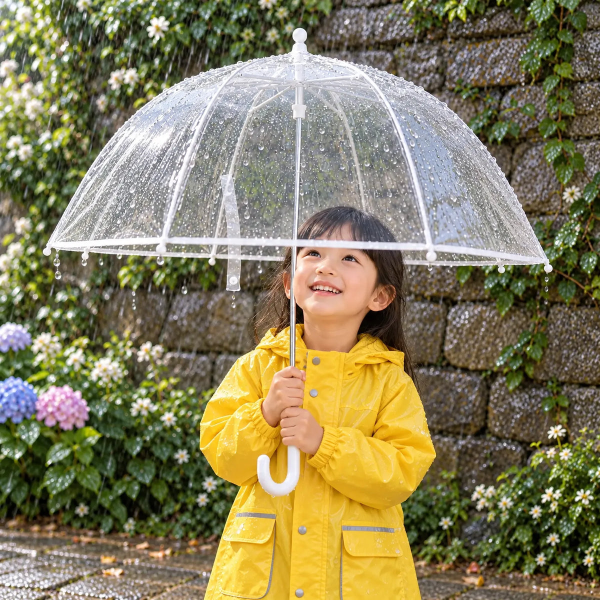 Smiling girl in a yellow raincoat holds the clear dome umbrella with a white hooked handle, raindrops beading on the canopy. 1