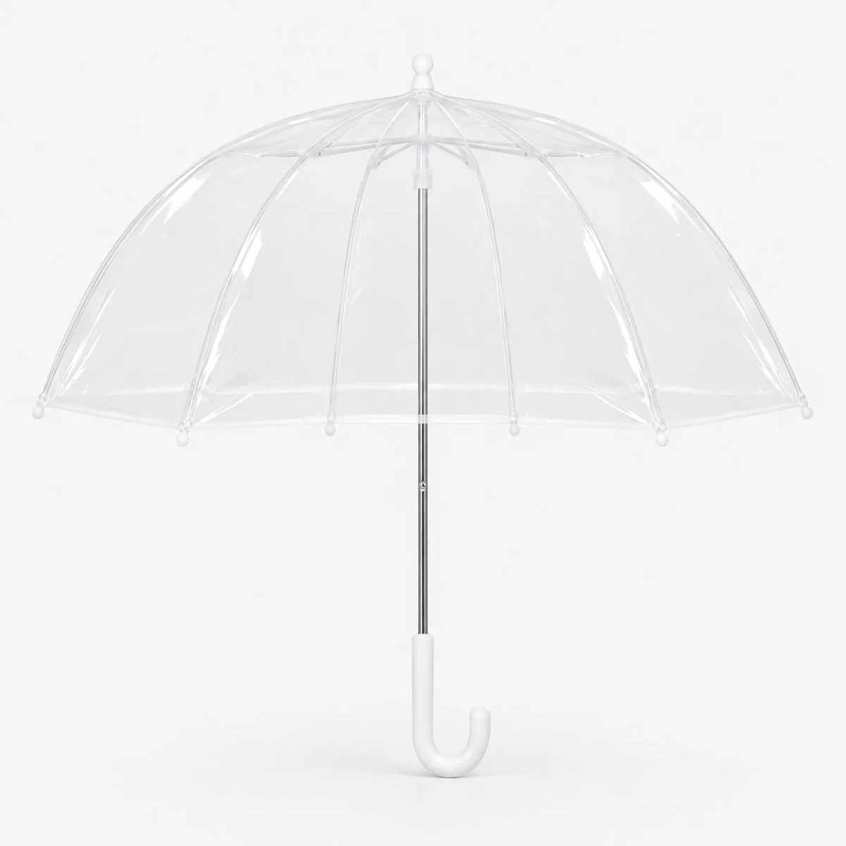 Clear dome umbrella opened on a plain white background, showing its white ribs, silver shaft and curved white handle. 2
