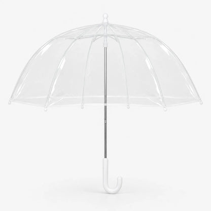 Clear dome umbrella opened on a plain white background, showing its white ribs, silver shaft and curved white handle. 2