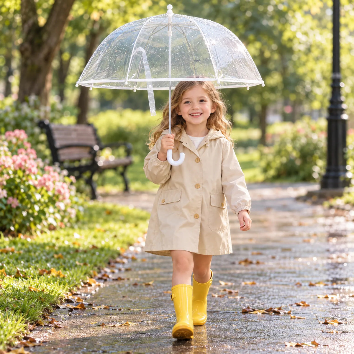 Girl in a beige raincoat and yellow wellies walks along a wet park path holding the clear umbrella. 3