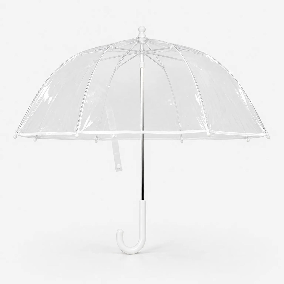 Clear dome umbrella shown from a slightly different angle, with the white fastening strap hanging below the canopy. 5