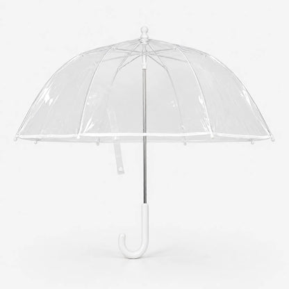 Clear dome umbrella shown from a slightly different angle, with the white fastening strap hanging below the canopy. 5