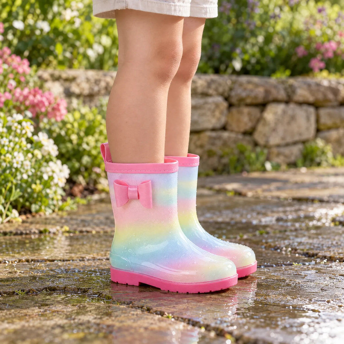 Child wearing pastel rainbow wellies with a pink bow and rim, standing on a wet stone path beside flowers. 1