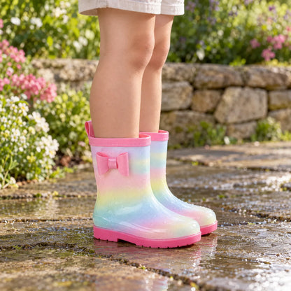 Child wearing pastel rainbow wellies with a pink bow and rim, standing on a wet stone path beside flowers. 1