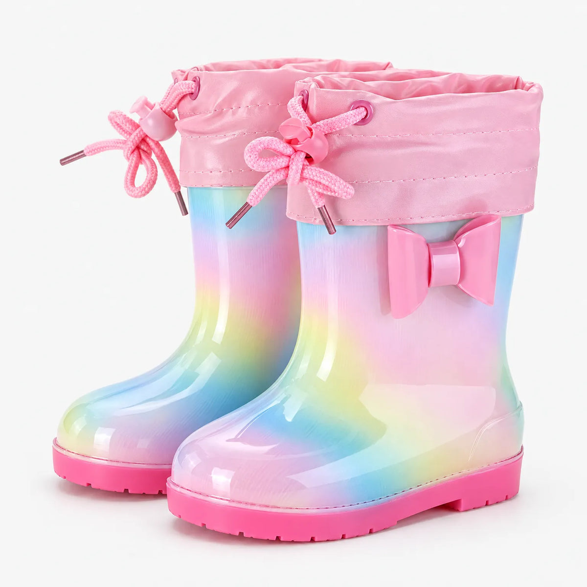 Pair of pastel rainbow wellies with a pink drawstring cuff, tied pink cord and a pink bow on the side. 10