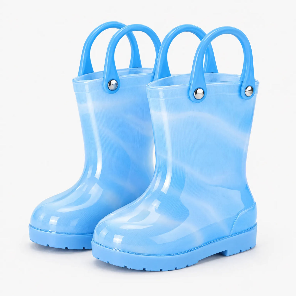 Pair of translucent light blue wellies with blue carry handles and silver rivets, shown without a pattern or bow. 11