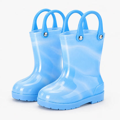 Pair of translucent light blue wellies with blue carry handles and silver rivets, shown without a pattern or bow. 11