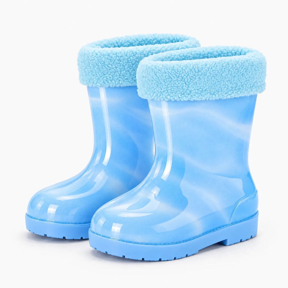 Pair of light blue wellies with a soft fleecy blue cuff folded over the top. 12