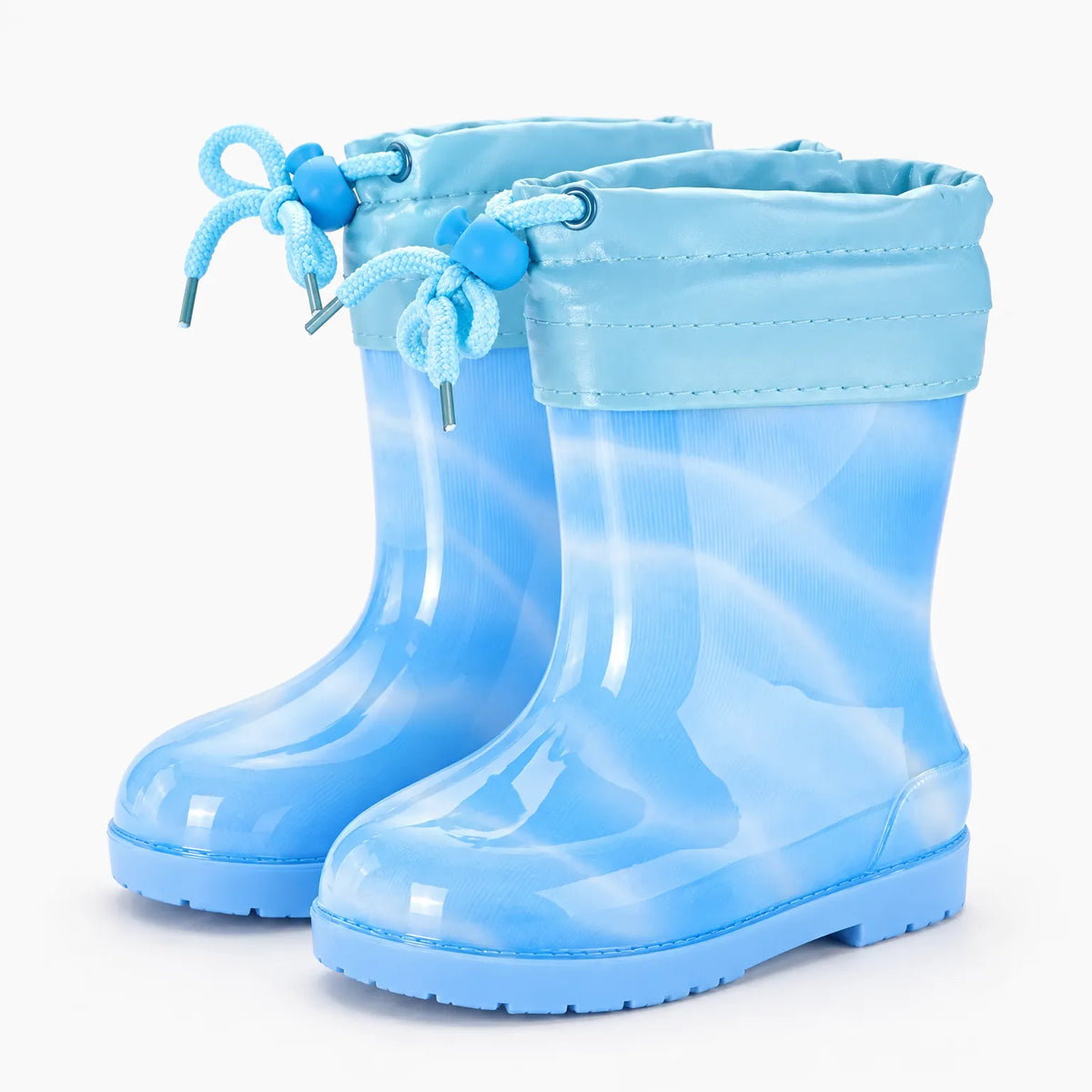 Pair of light blue wellies with a drawstring cuff, braided blue cords and toggles, shown from the front. 13