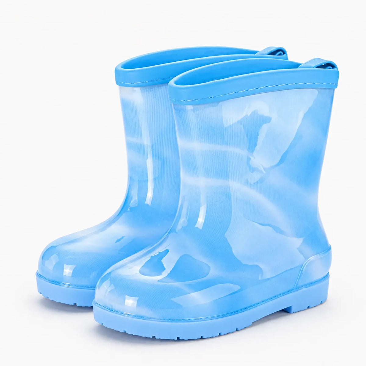 Pair of light blue wellies with a plain blue rim and back pull tabs, without handles or drawstring. 14