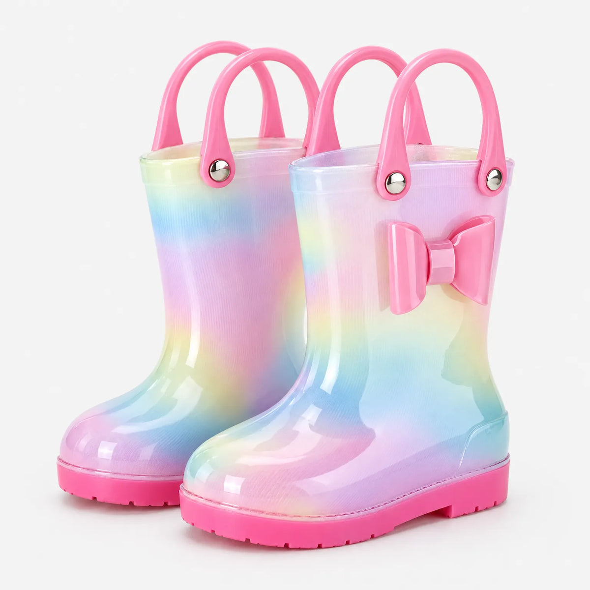Pair of pastel rainbow wellies with pink carry handles, silver rivets and a pink bow on the side. 2