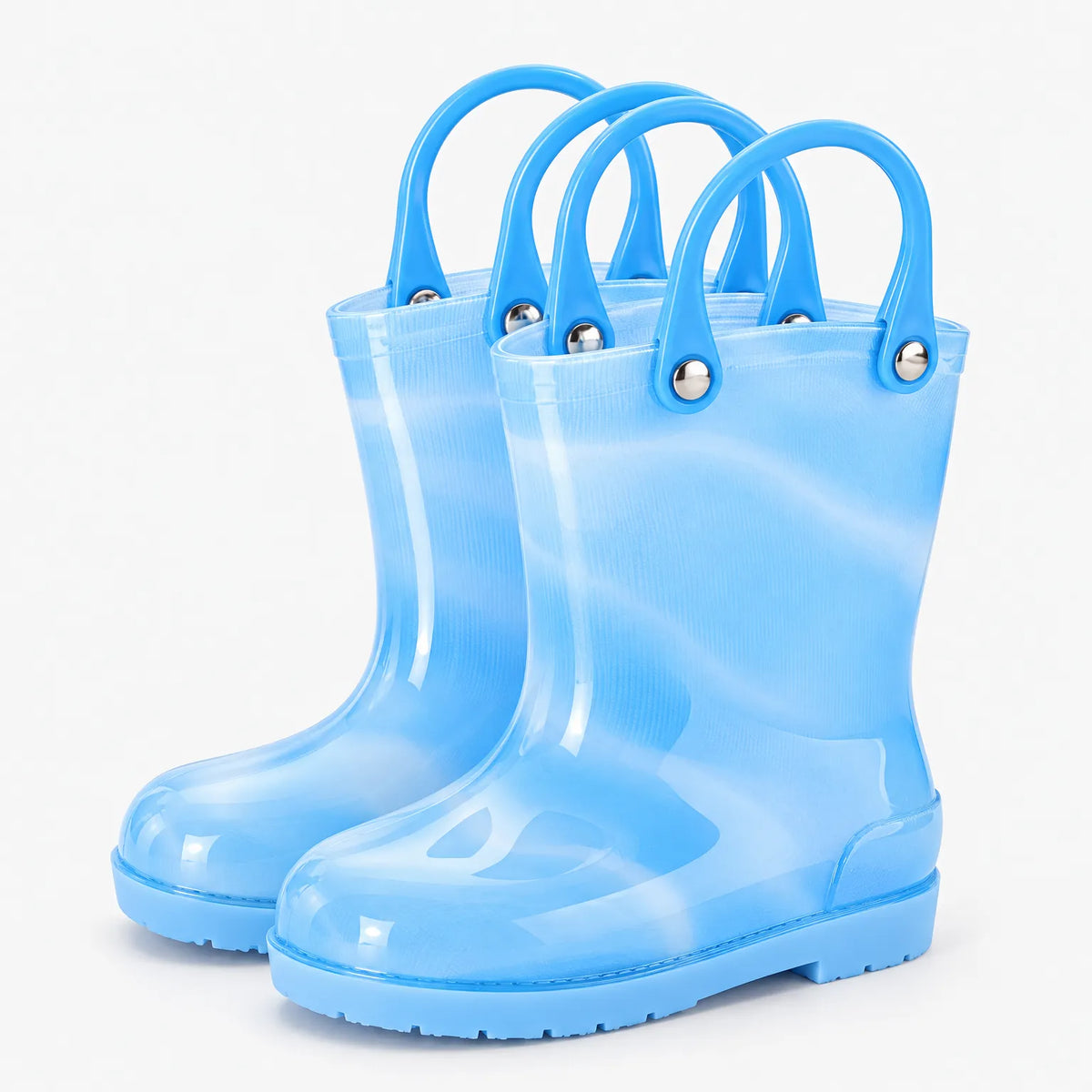Pair of translucent light blue wellies with matching blue carry handles and silver rivets, on a plain white background. 5