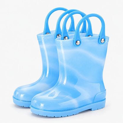 Pair of translucent light blue wellies with matching blue carry handles and silver rivets, on a plain white background. 5