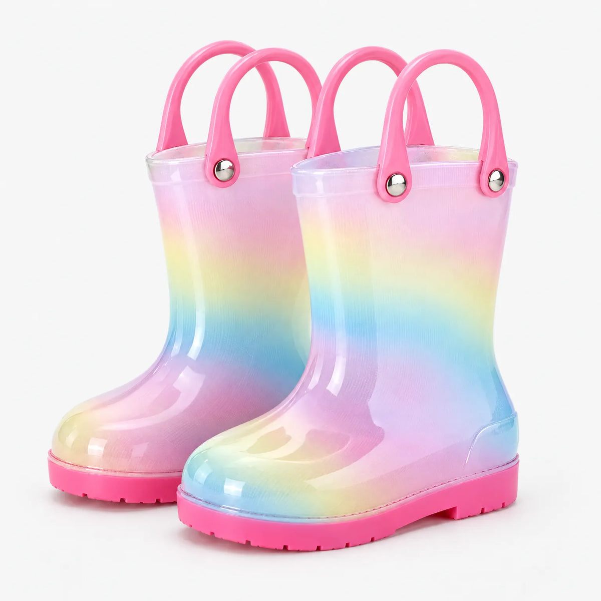 Pair of pastel rainbow wellies with pink carry handles and silver rivets, without a bow, on a white background. 8