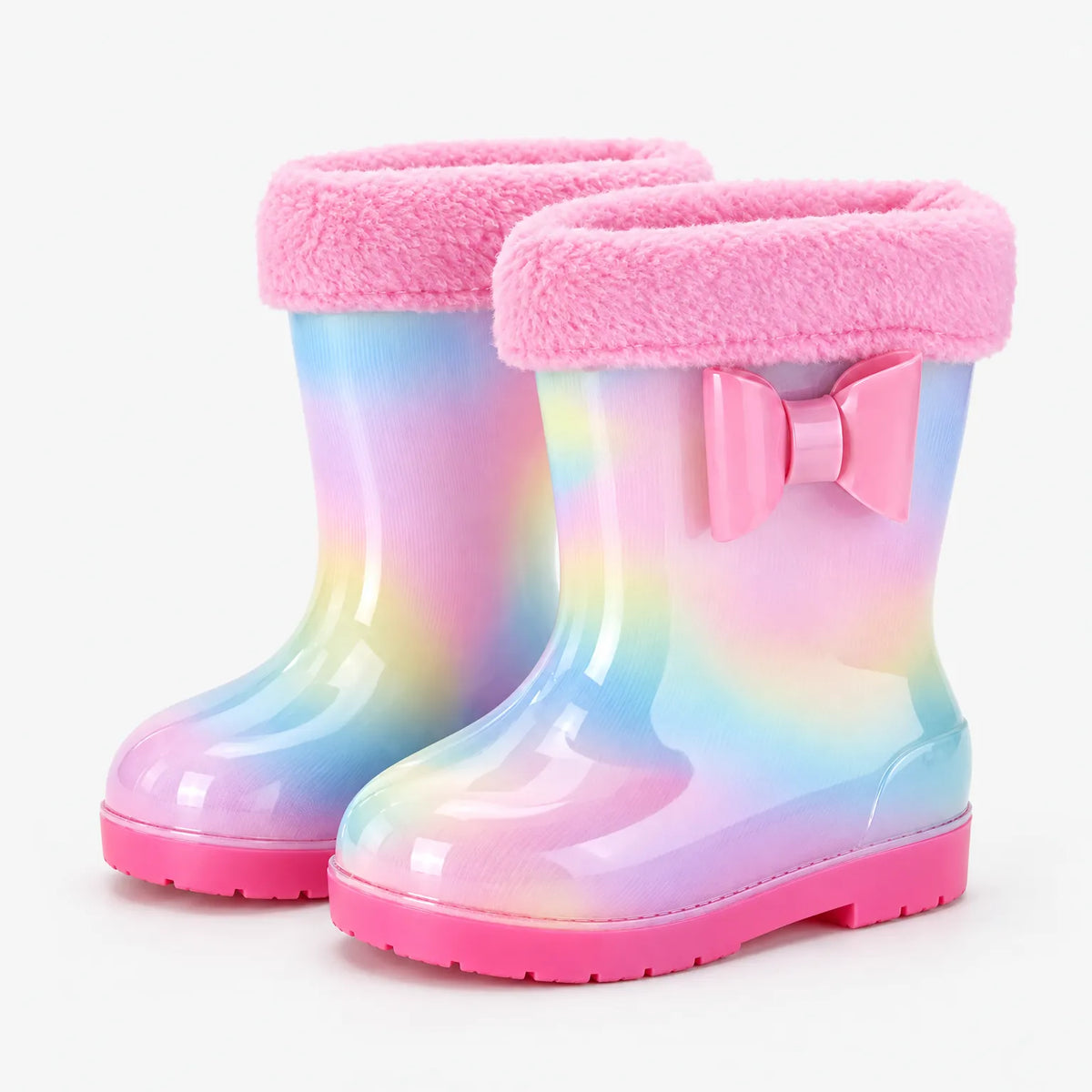 Pair of pastel rainbow wellies with a soft pink fleece cuff and a pink bow on the side. 9