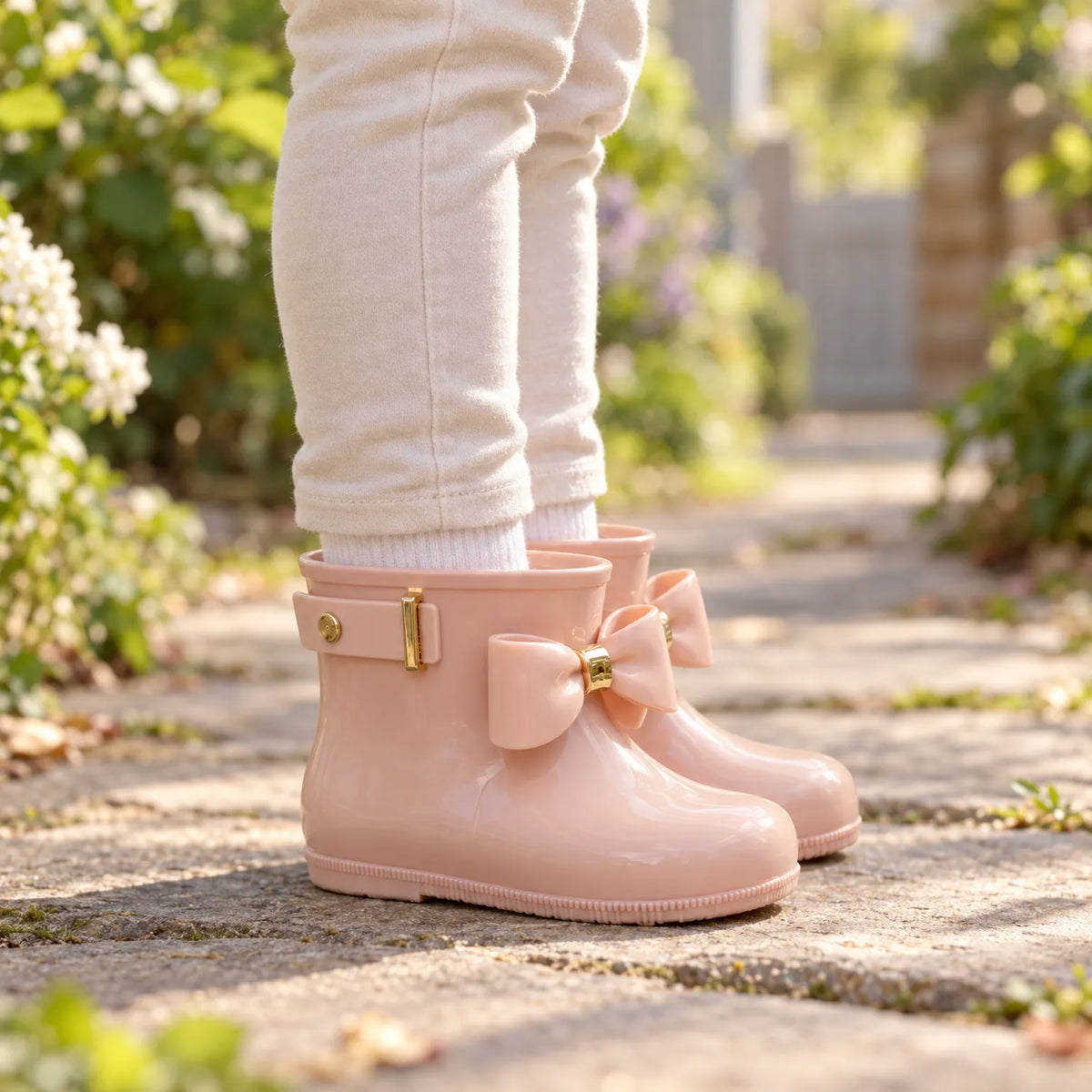 Side view of glossy pink bow wellies with a gold buckle strap, worn by a child on a sunny garden path. 1